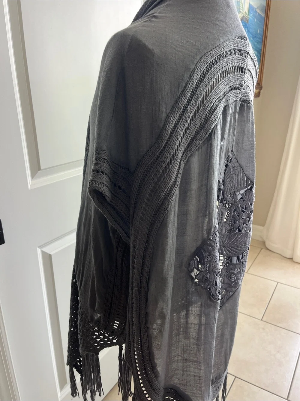 EUC Forgotten Grace 100% linen charcoal gray BoHo open front cardigan w/fringe